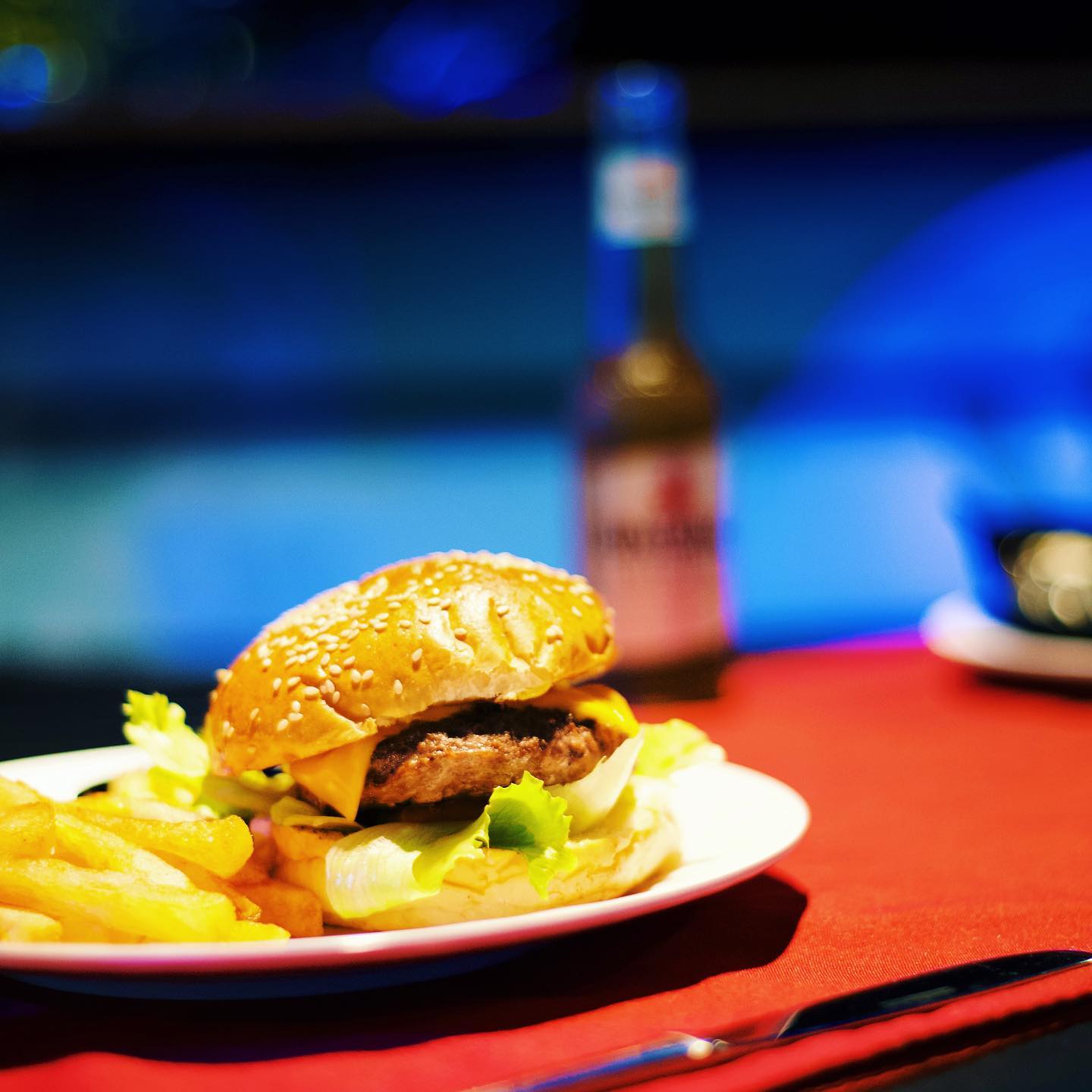 Burger, golden fries and a beer at The Bucket